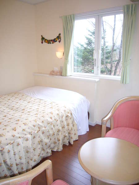 窓からは緑豊かな木々が眺められる、ダブルルーム(バストイレ付き)