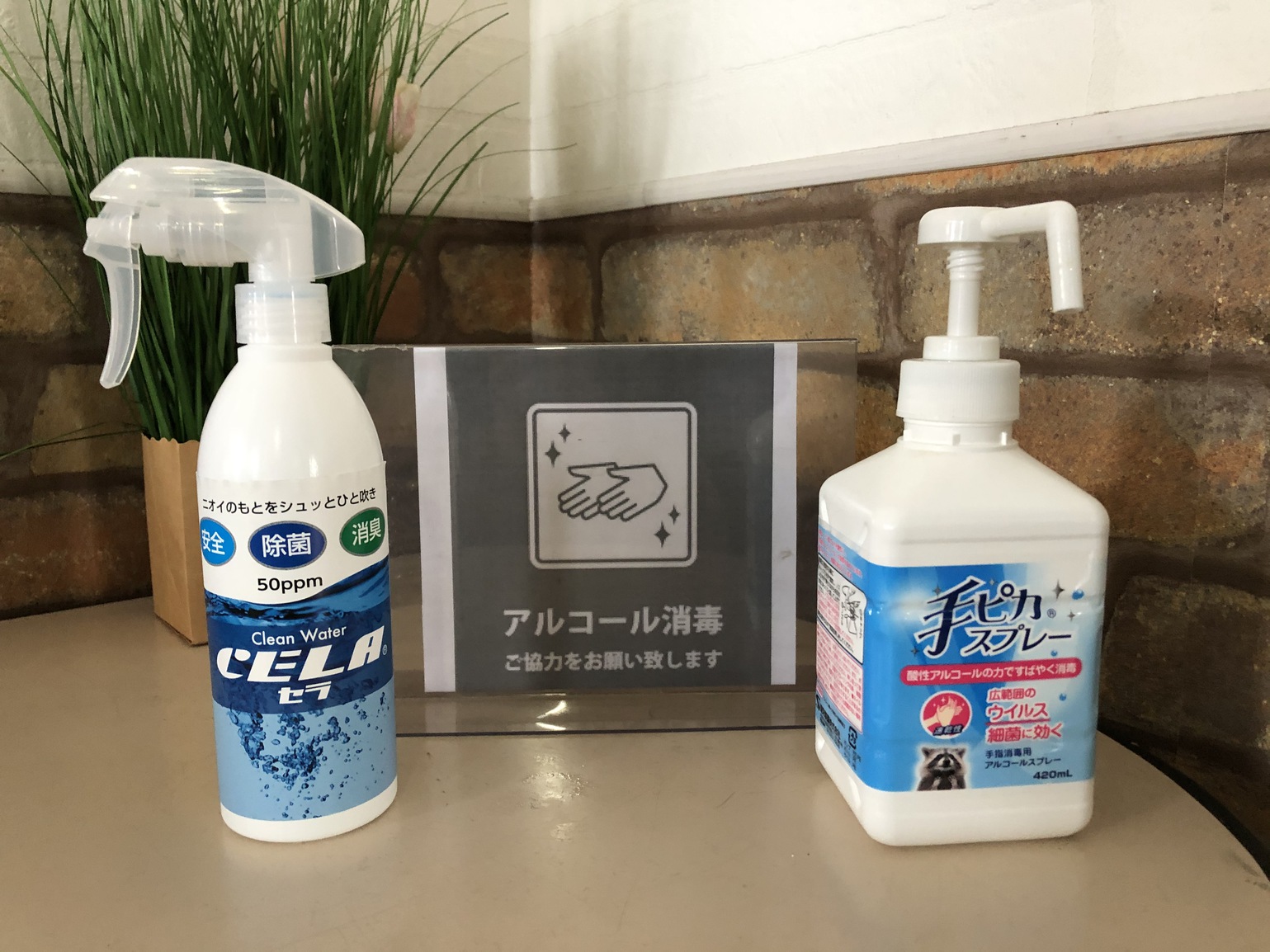 館内各所に消毒液を設置しております。