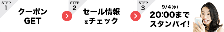 1.クーポン GET 2.セール情報 をチェック 3.20:00まで スタンバイ!